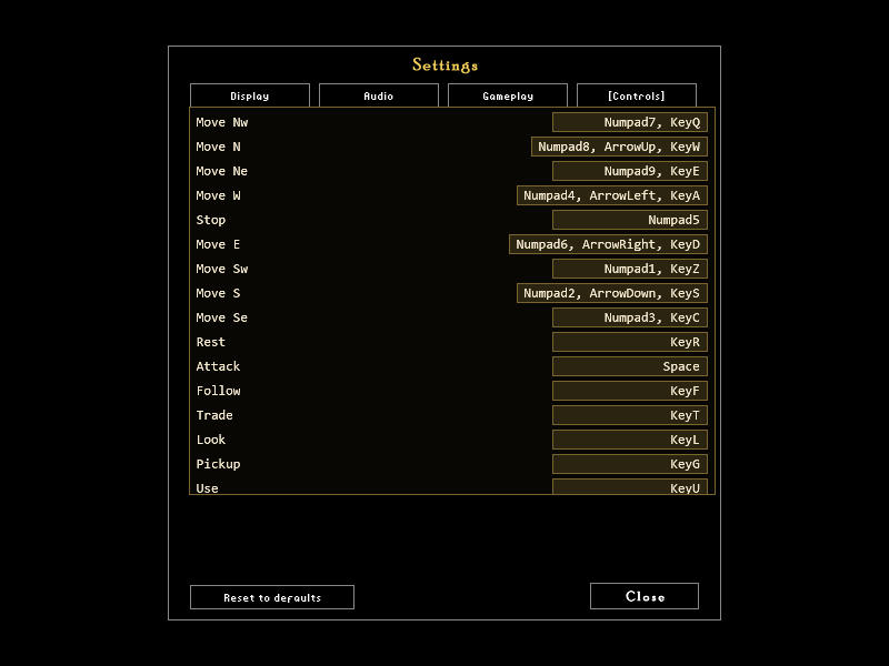 The settings screen on the Controls tab, listing each action with its bound keys.