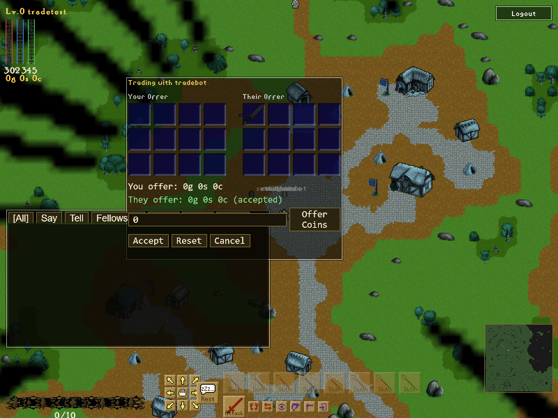 A player-to-player trade window with two offer grids, a coin field and accept, reset and cancel buttons.
